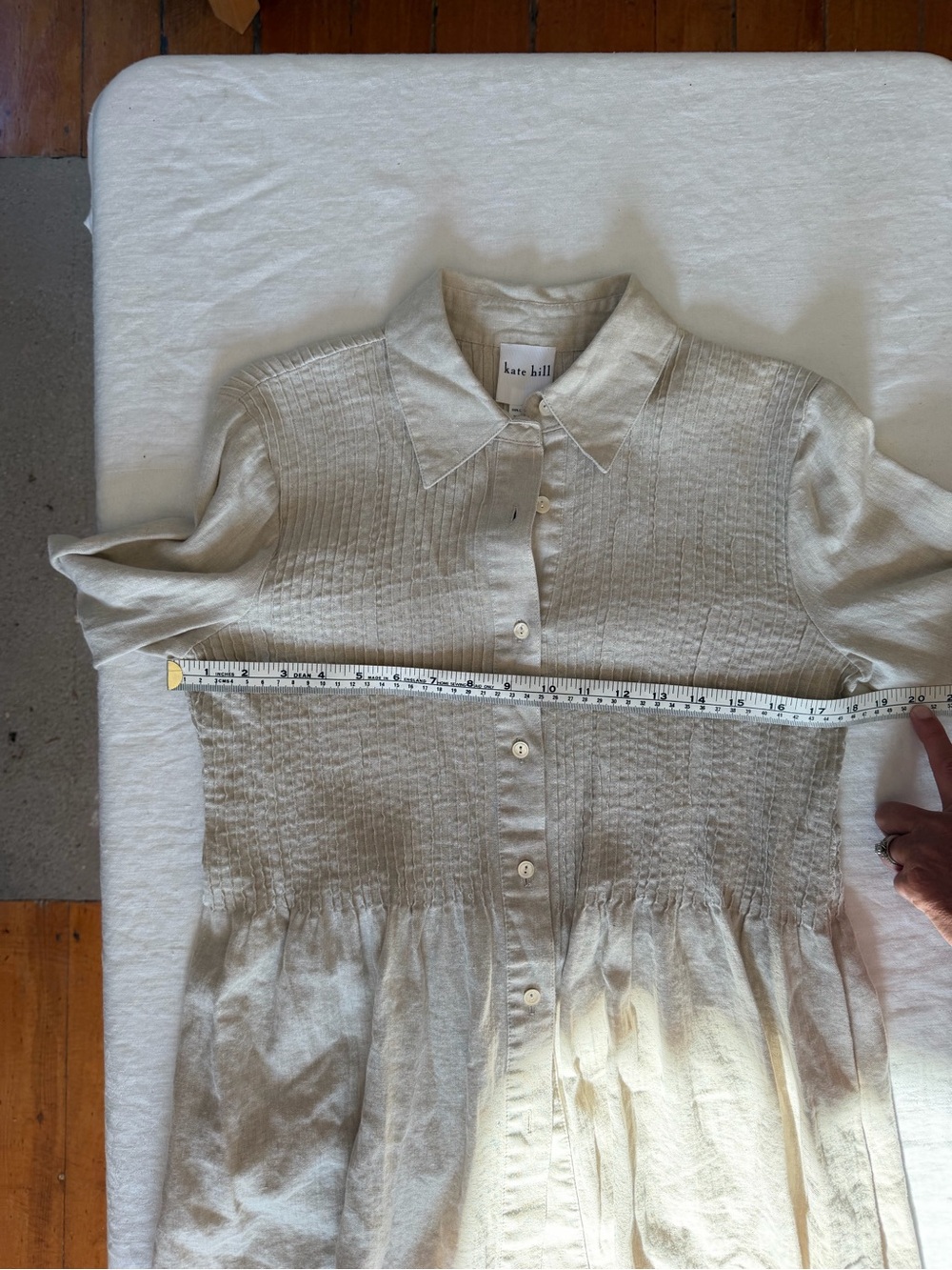 Women’s Kate Hill Linen Long Sleeve Vertical Pin Tuck Pleated Tan Blouse PXS - Picture 6 of 11